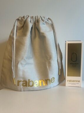Authentic Paco Rabanne Light Gray Drawstring Bag & Million Gold Body Lotion Set